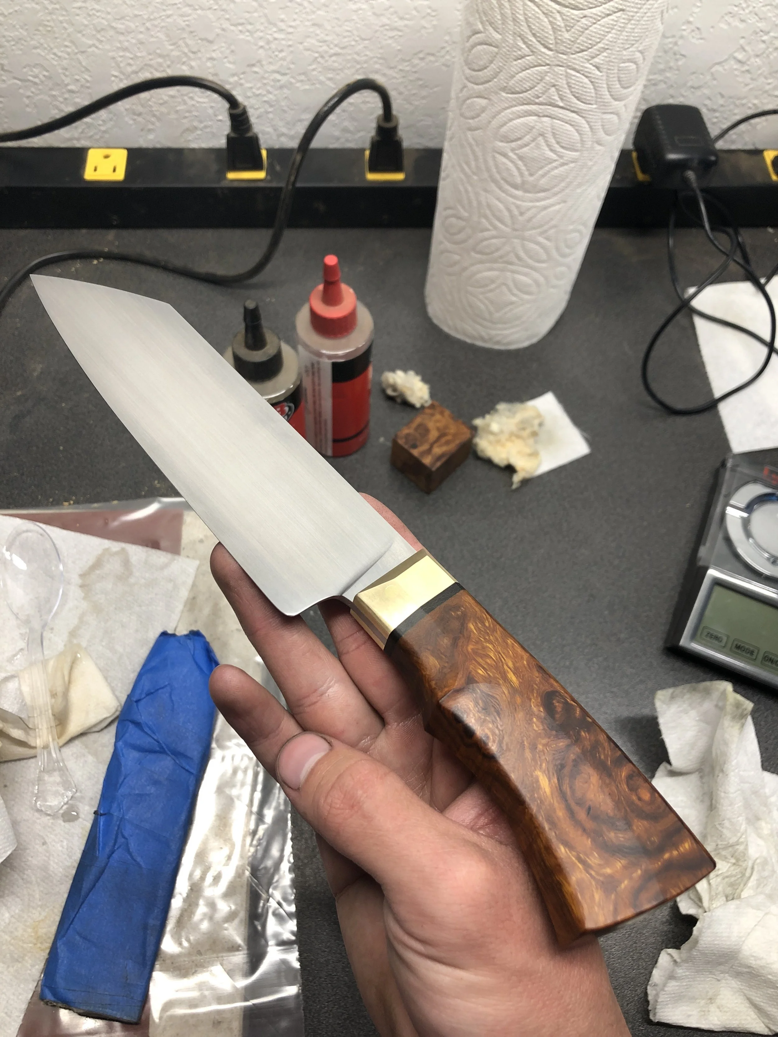 Bunka Style Chefs Knife: Pinned Brass Boslter and Desert Ironwood Handle w/ pomel nut construction