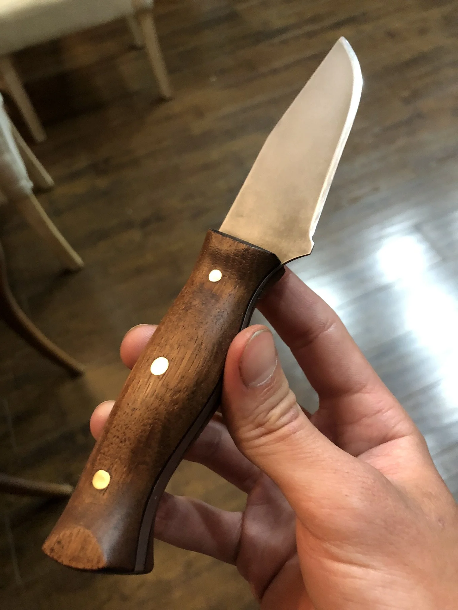 Scandi Grind Bush-Craft Knife: Full Length Distal Taper, Brass Pins and Walnut Handle Scales