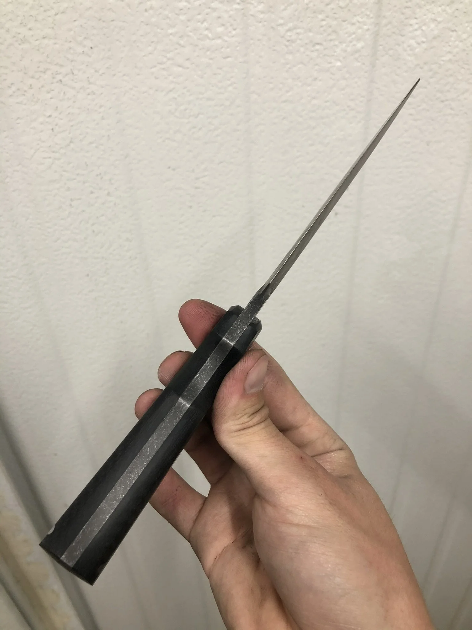 Custom inspired by Bradford USA: Acid Wash Finish, Full Length Distal Taper, and Black Micarta Scales