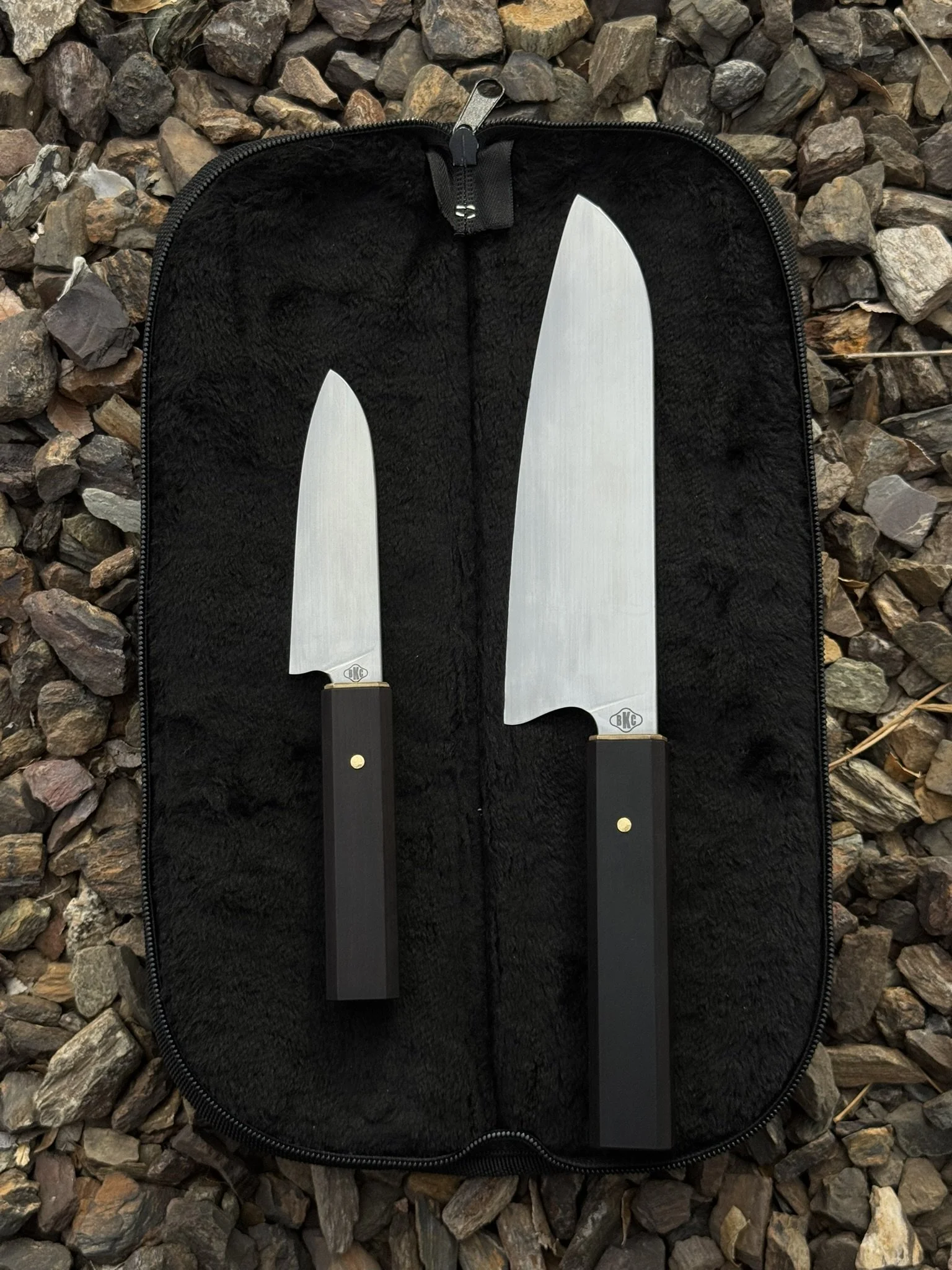 Matched Set Santoku Style Chefs Knives: Brass Guard, Domed Brass Pin, and African Blackwood Wa Style Handle