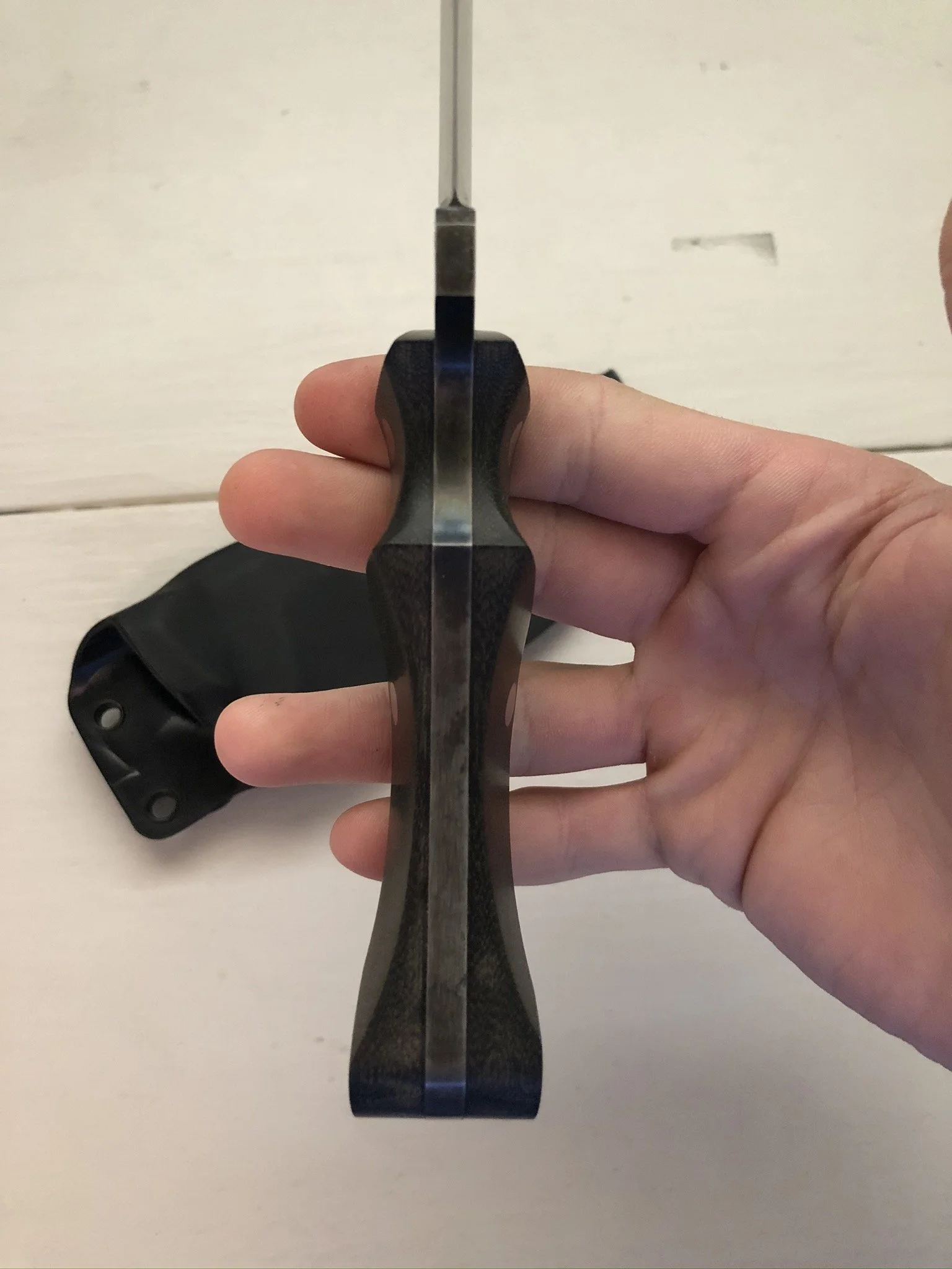 Tanto Style Blade: Weatherd Cold Blue Finish and Black Linen Micarta Scales (Sold on ArizonaCustomKnives.com)