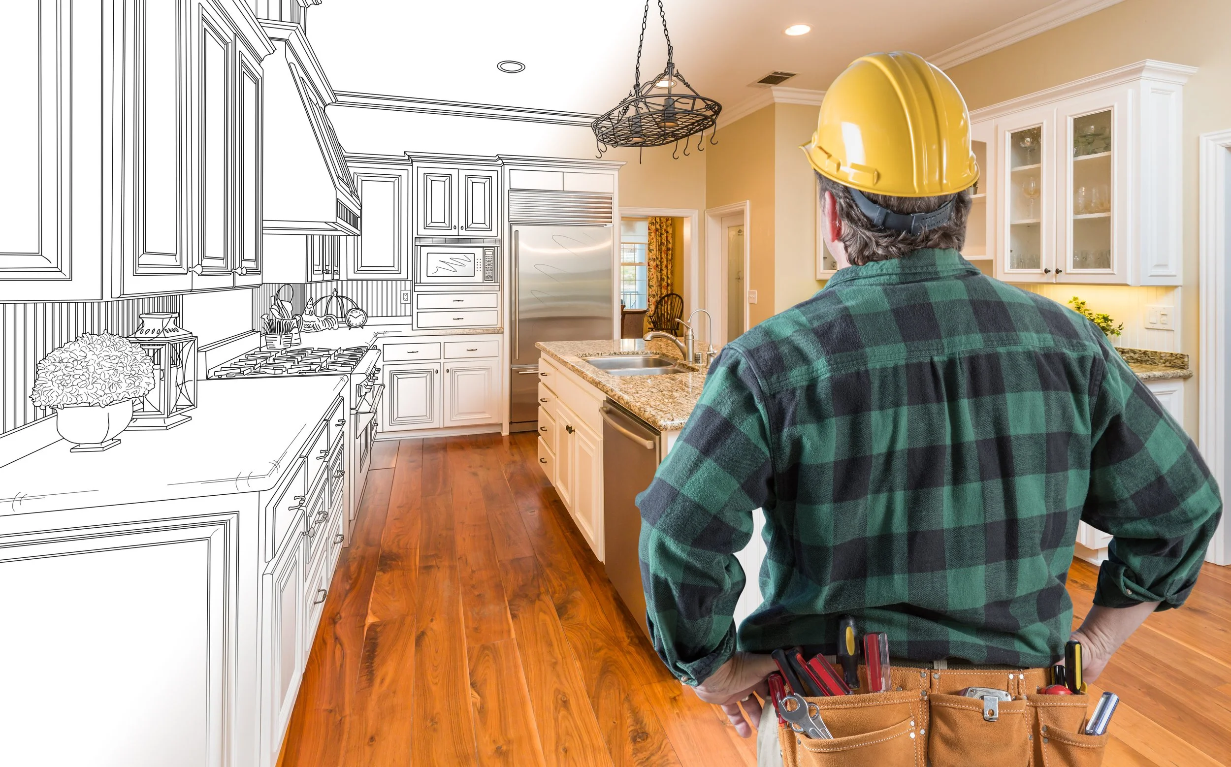 A landscape view of a kitchen with a remodeling process, half in color and half in a line drawing, showing cabinets, appliances, and a worker wearing a yellow hard hat and a green plaid shirt, with a tool belt around his waist.