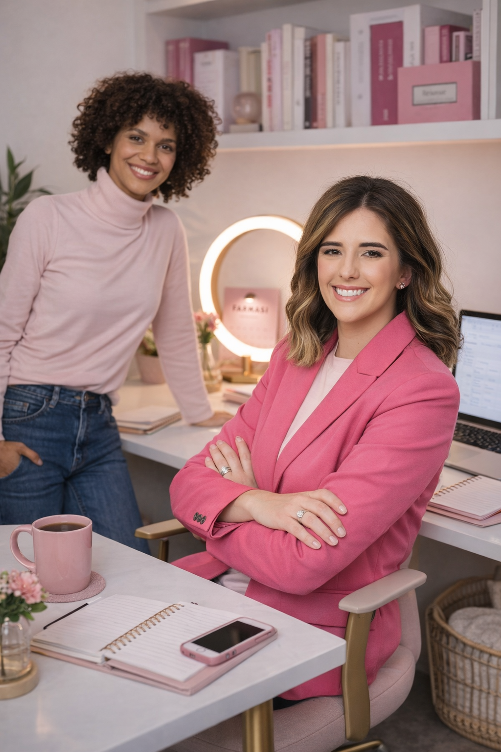 Two women smiling in an office with a desk, computer, books, and pink-themed decor.