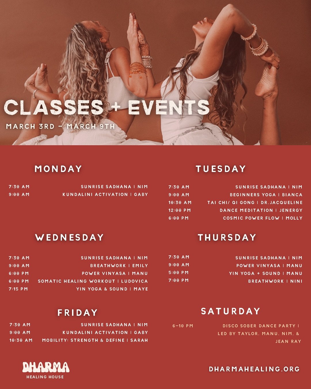 ✨ Coming Up Next Week at Dharma Healing House! ✨

📢 March Update:
Dharma Healing House members and class pack holders now receive free access to the Water Healing Sanctuary after class! 🌊💆&zwj;♀️ Drop-in clients who wish to use the sanctuary can d