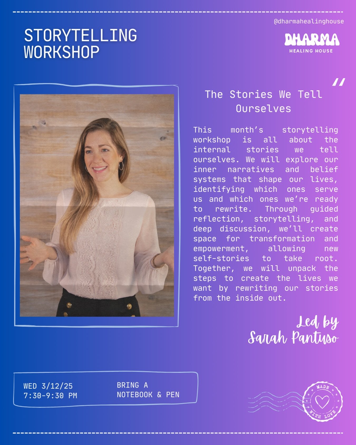 ✨ The Stories We Tell Ourselves &ndash; Storytelling Workshop ✨

What stories are shaping your life? This month&rsquo;s Storytelling Workshop with Sarah Pantuso is all about the internal narratives we tell ourselves. Through guided reflection, storyt