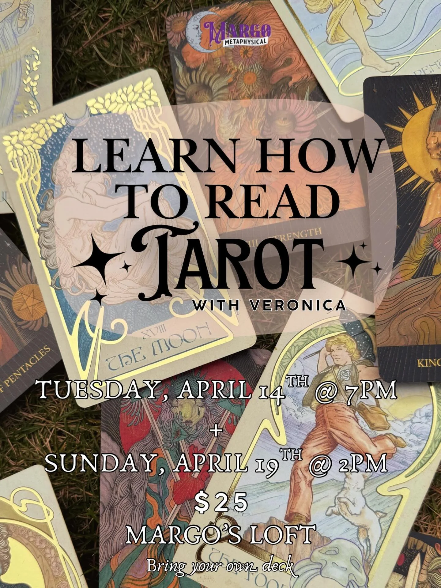 April's Tarot Class schedule! 

Tuesday, April 14th @ 7pm 

Sunday, April 19th @ 2pm 

This is a GREAT opportunity to become more well versed in tarot whether you're a beginner or just want to brush up your skills! Each class is $25 and runs roughly 
