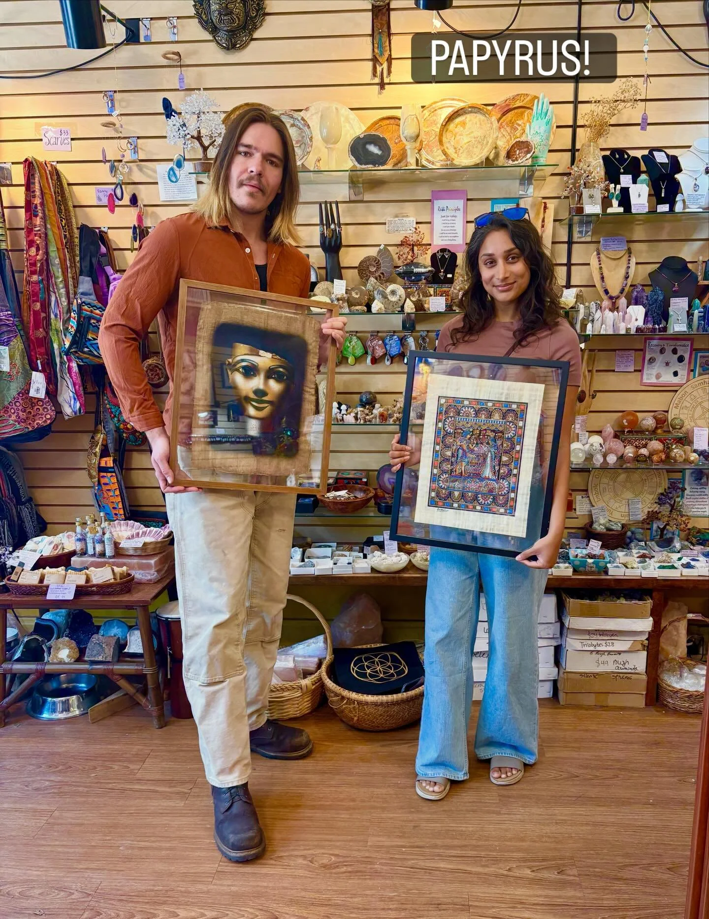 We have acquired some beautiful painted papyrus with scenes from ancient Egypt.  Papyrus is a material similar to thick paper that is handmade (since historical times) as a writing material. It&rsquo;s made from the pith of the papyrus plant. Ancient