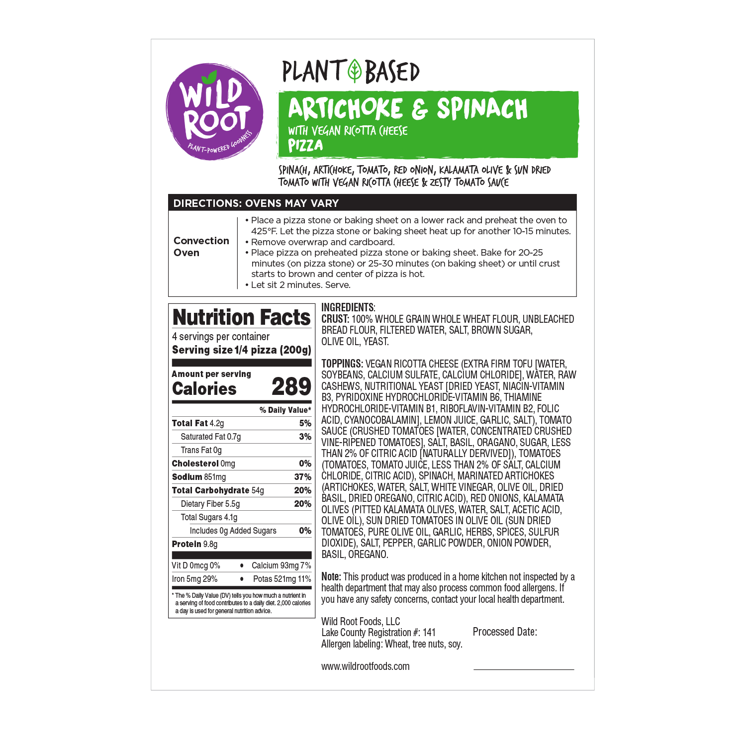 Wild Root artichoke and spinach pizza nutrition facts and ingredients