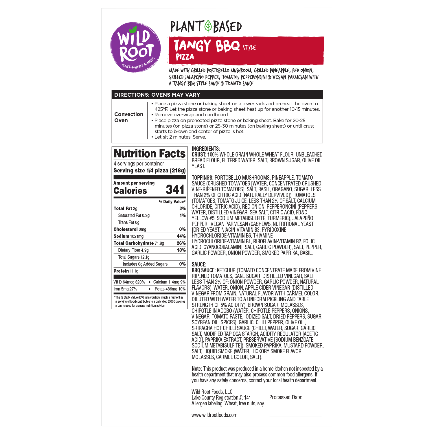 Wild Root 12 inch plant-based tangy BBQ pizza nutrition facts and ingredients