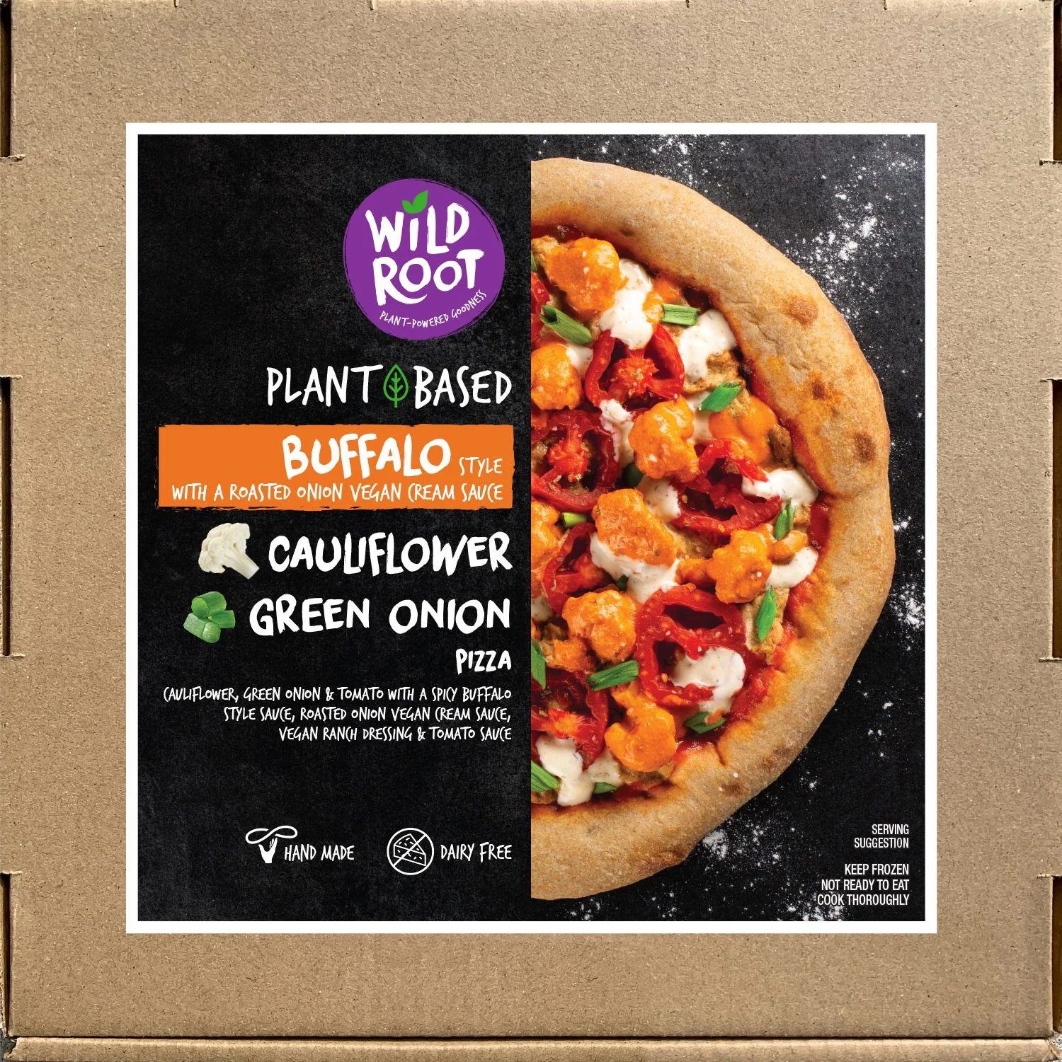 Wild Root plant-buffalo sauce based pizza with cauliflower and green onions