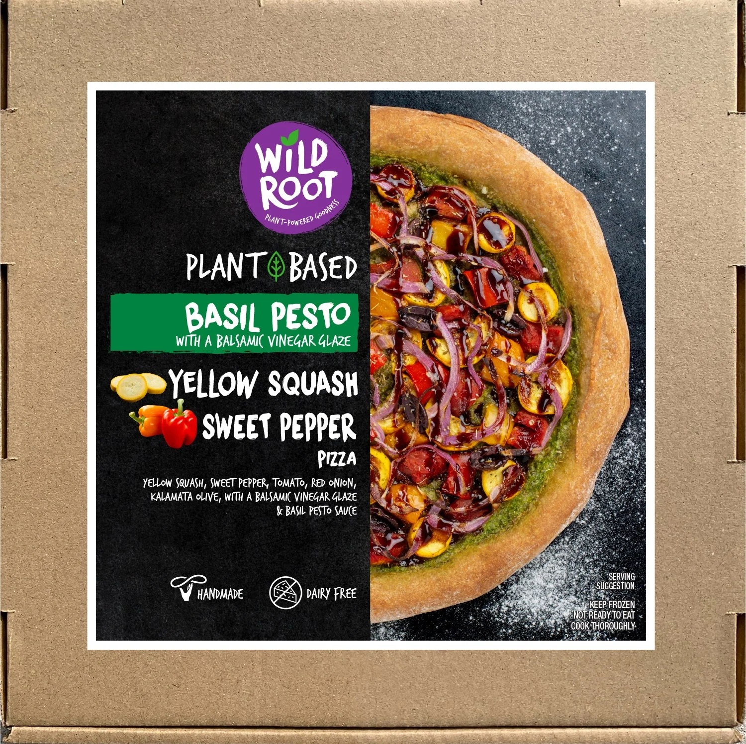Wild Root plant-based pesto pizza with yellow squash and sweet peppers