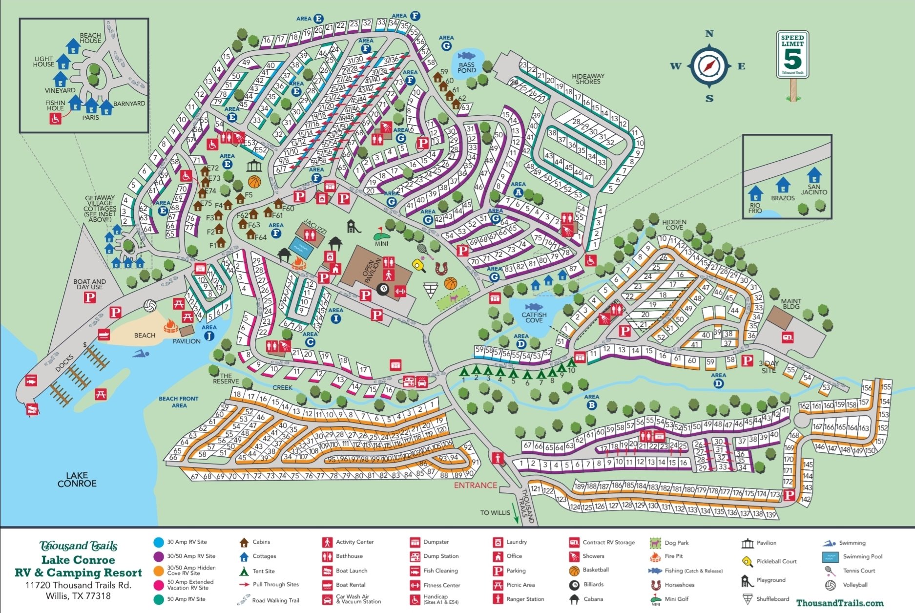 Map of Lake Conroe RV & Camping Resort with various numbered and color-coded sites, amenities, and facilities including pools, playgrounds, cabins, and activity centers.