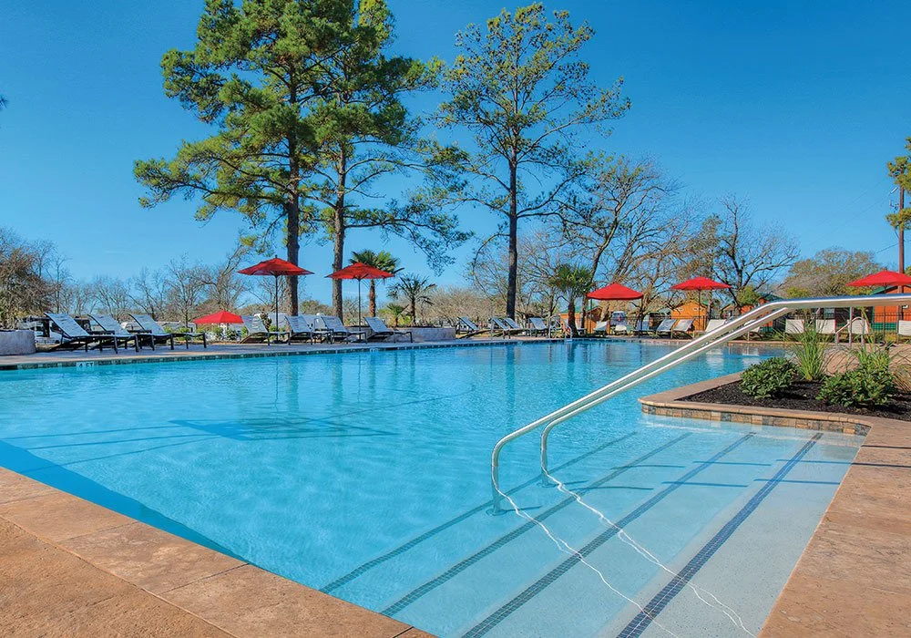 Empty outdoor swimming pool with steps and a metal handrail, surrounded by lounge chairs with umbrellas, trees, and a clear blue sky.