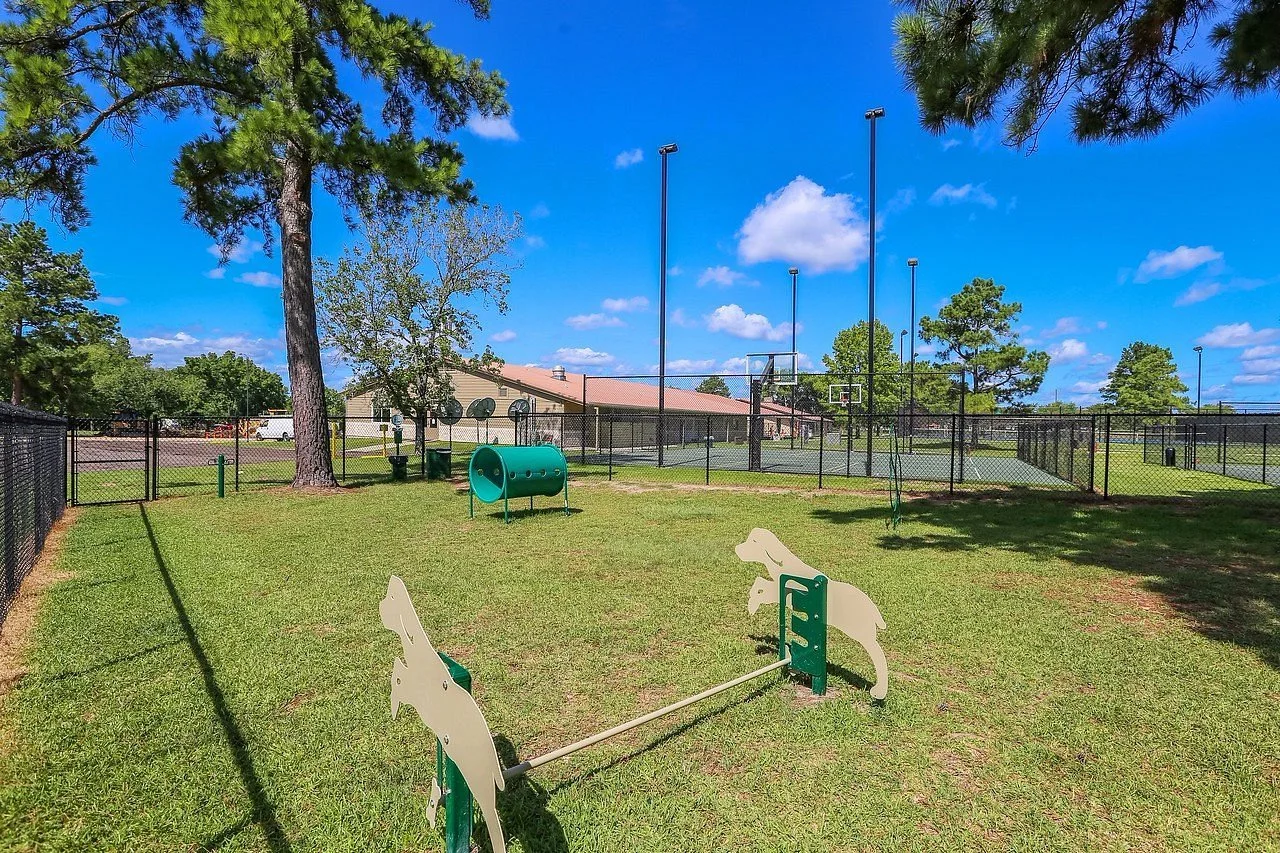 An empty outdoor dog park with a grassy area, agility equipment, and sports courts behind a black chain-link fence. Tall trees and a building are visible under a blue sky with scattered clouds.