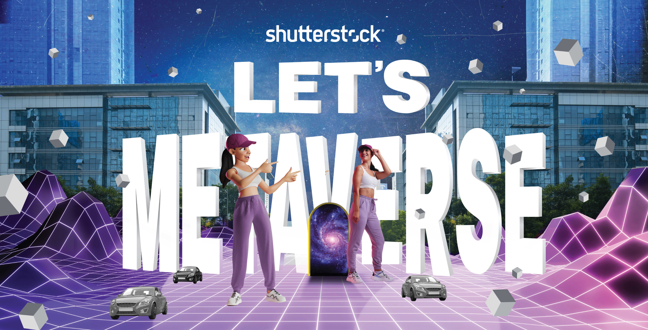 Two women in casual sportswear stand in front of large 3D text that reads 'Let's Never' and 'M5EVERSE' with a cosmic galaxy in the doorway between the words. The scene includes futuristic elements like a grid pattern on the ground, floating geometric shapes, and miniature toy cars, set against a cityscape with modern glass buildings and a starry sky.