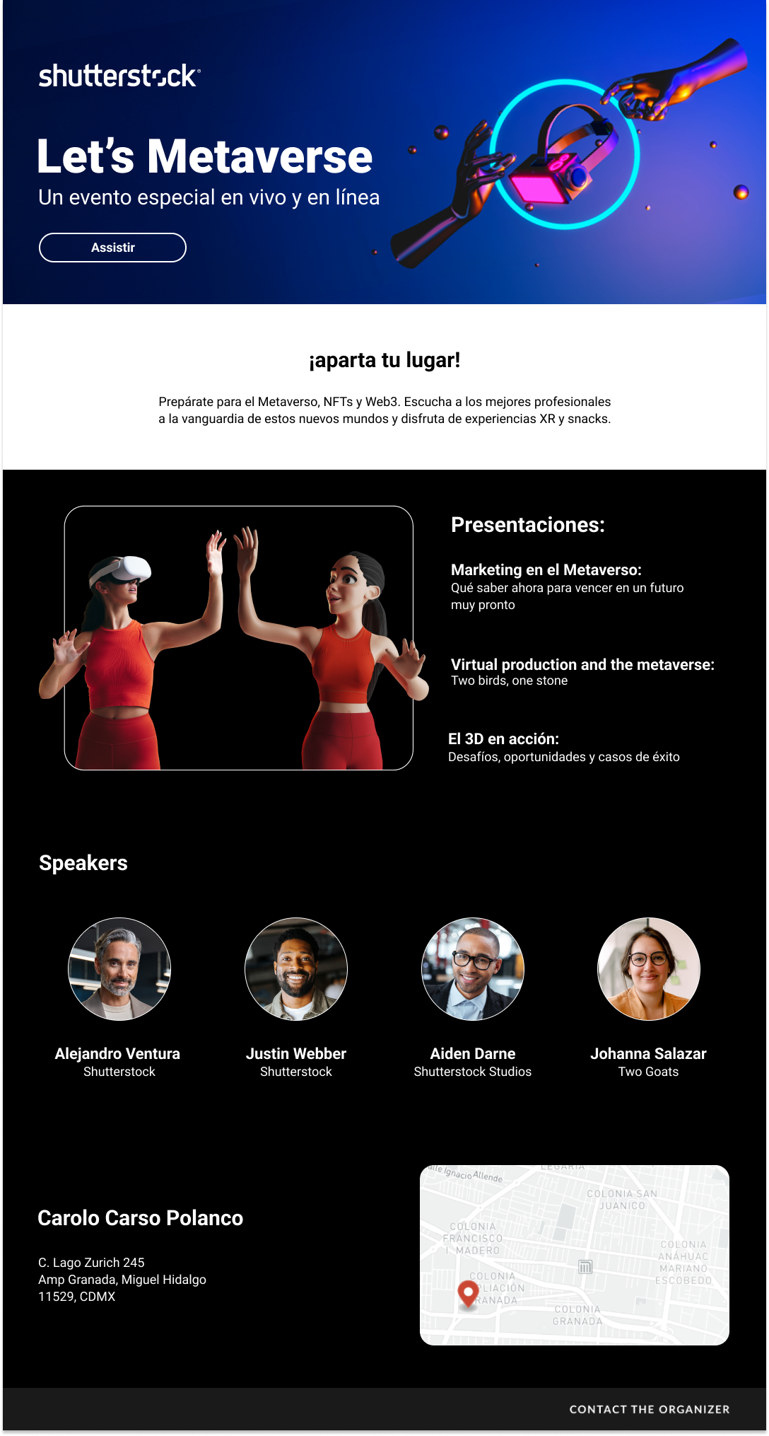 Event poster for 'Let's Metaverse,' a live and online special event focused on Metaverse, NFTs, and Web3. The poster features a graphic of a robotic hand and a human hand reaching for a pair of virtual reality glasses, with text highlighting the event's presentations by speakers Alejandro Ventura, Justin Webber, Aiden Darne, and Johanna Salazar, and includes the event location in Mexico City.