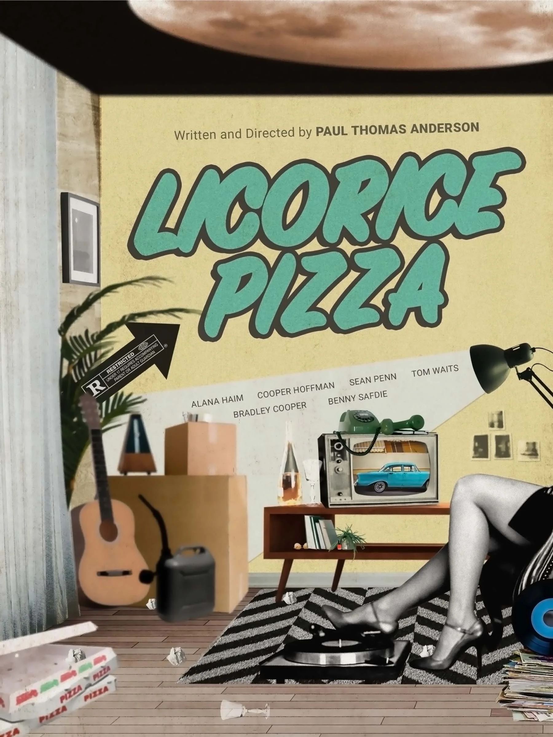 An interior room with a large poster on the wall titled 'LORCE PIZZA' by Paul Thomas Anderson. The room has a guitar, a vintage TV with a blue car on the screen, a lamp, and a person with crossed legs seated in a chair. The floor has crumpled pieces of paper, and there's a stack of pizza boxes near the bottom left.