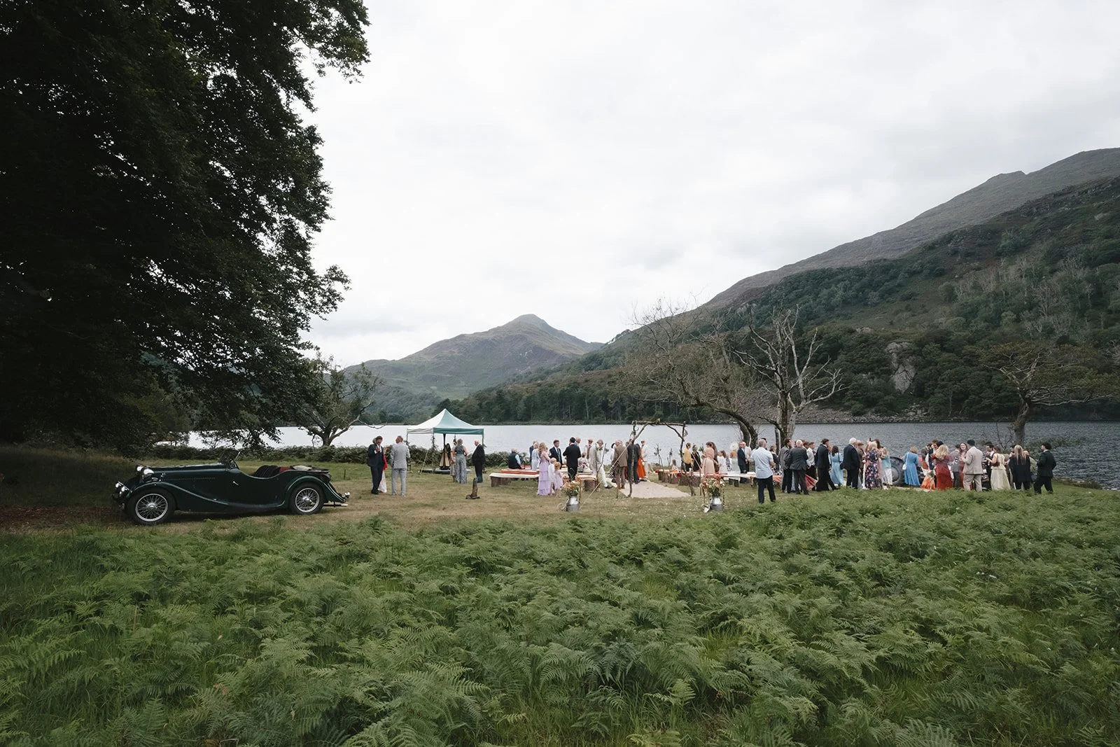 A wedding reception outdoors by a lake, with guests mingling near tables, a vintage car on the grass, and scenic hills and trees in the background.