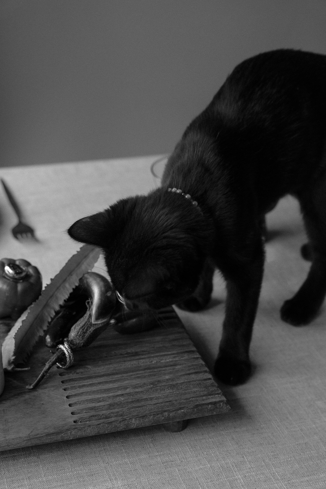 Black cat sniffing eggplant on a wooden slatted board with a bell pepper and fork nearby.