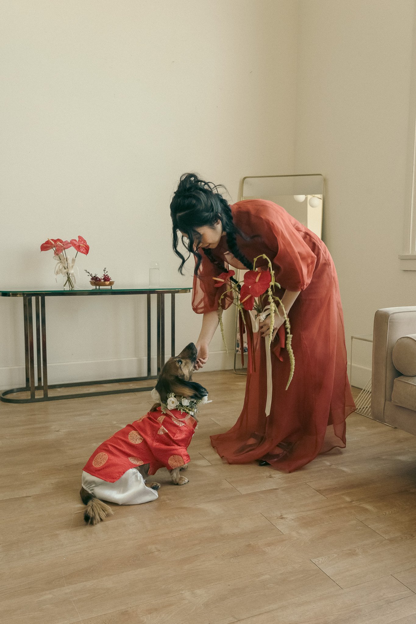A woman in a red dress holding flowers leaning down to pet a dog wearing a red outfit with gold patterns, inside a room with a vase of red flowers on a table.