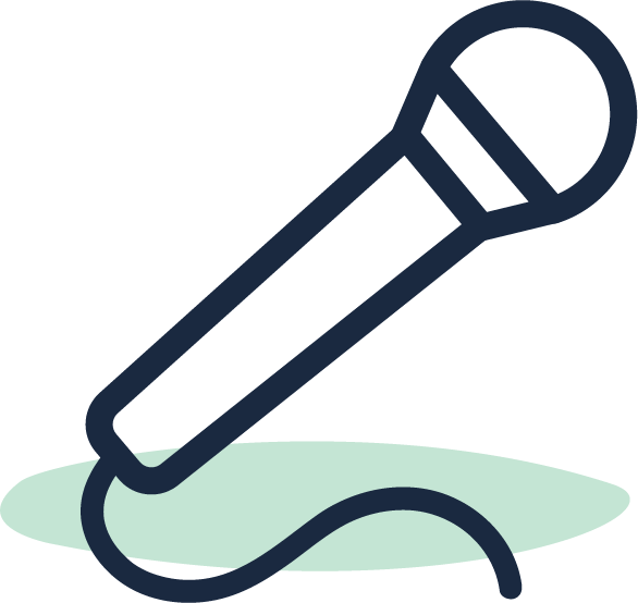 Outline drawing of a microphone on a light green oval background.