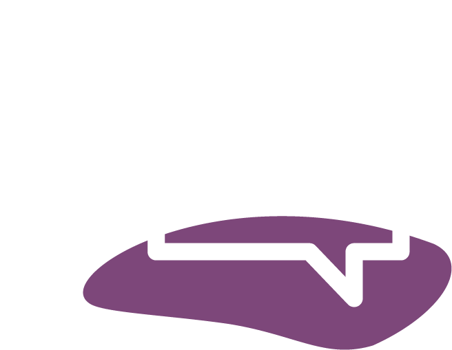 Outline drawing of two speech bubbles on a magenta oval background.