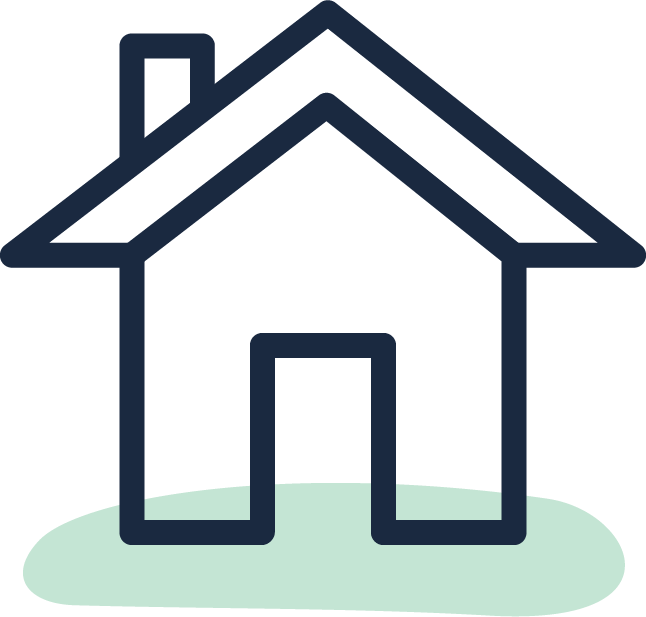 Outline drawing of a house on a light green oval background.