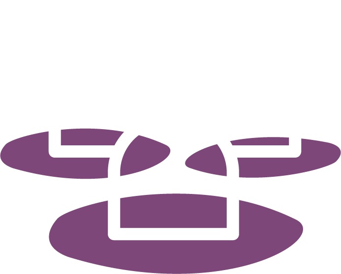 Outline drawing of a group of people on a magenta oval background.