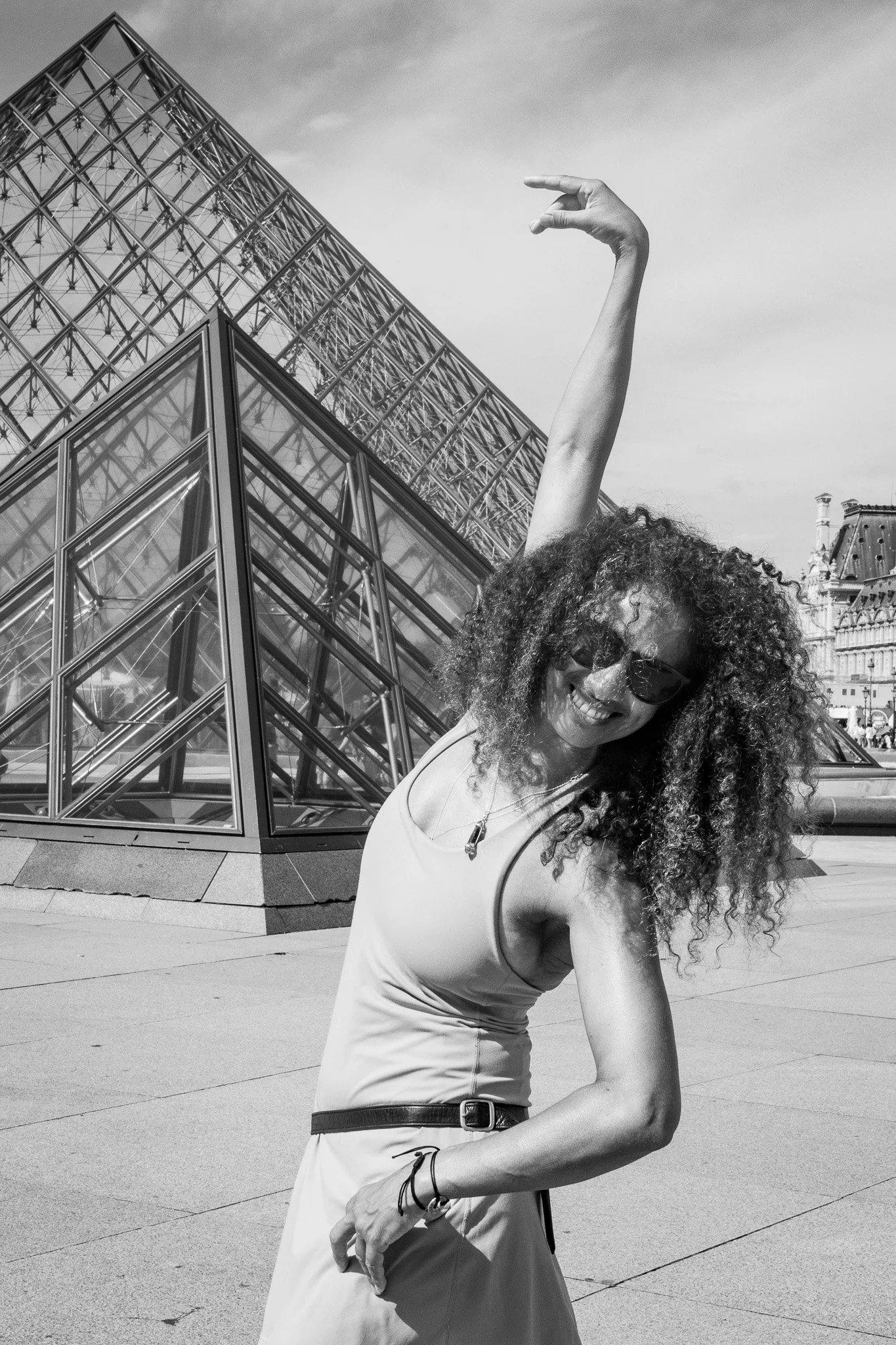 Joyfully roller skating outside the Louvre