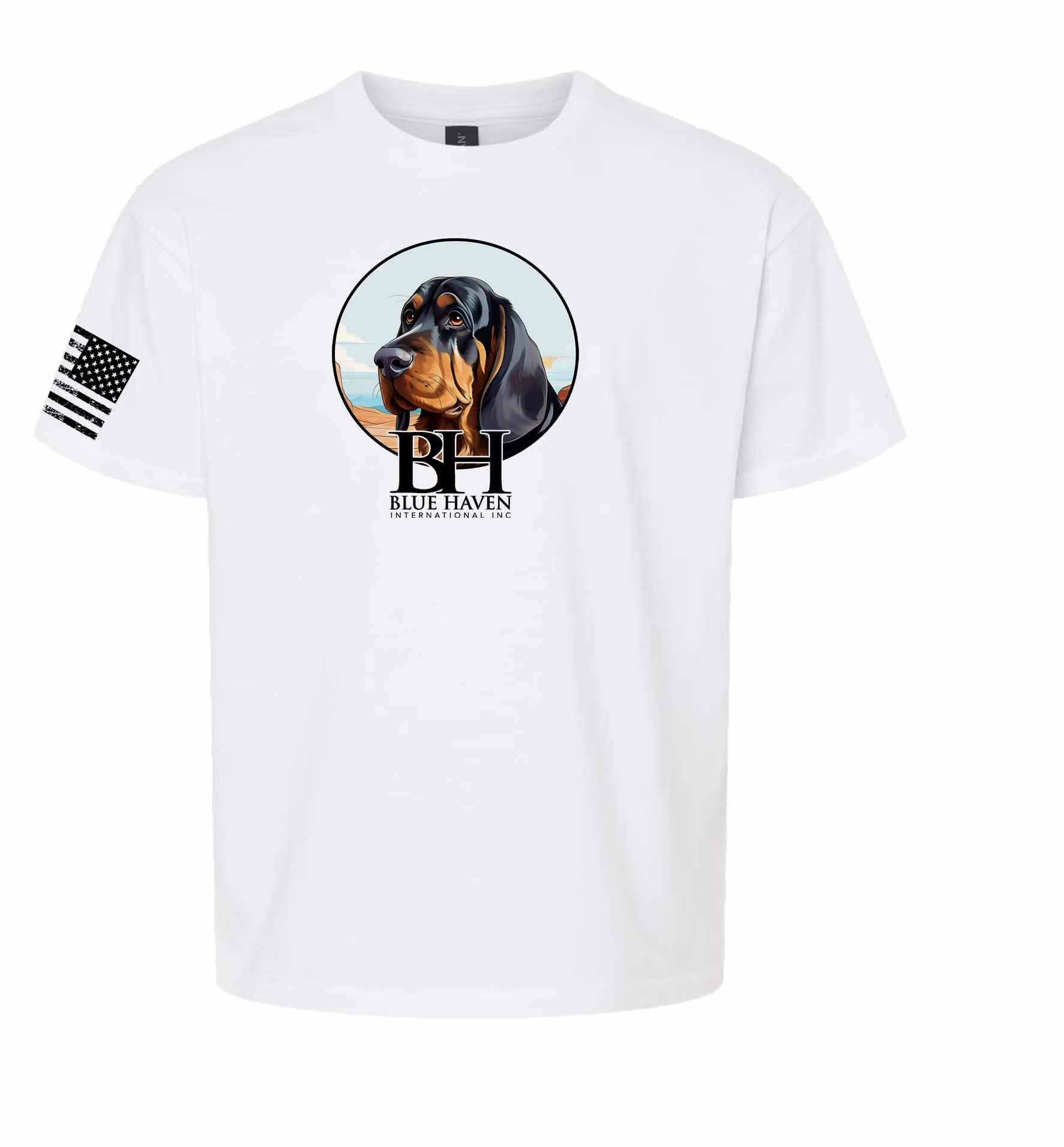 Support the mission with the Blue Haven K9 Gerty Logo T-Shirt! This crisp white tee, featuring a full-color portrait of K9 Gerty and the Blue Haven International logo, symbolizes hope, action, and purpose. Complete with a patriotic American flag on t
