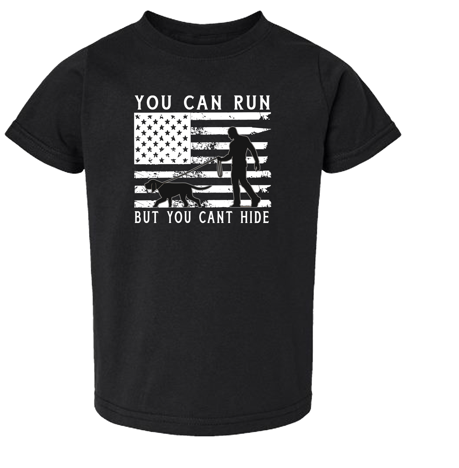 Make a bold statement with this premium black tee featuring a powerful K9 tracking team and a patriotic American flag design. Perfect for supporters of law enforcement, K9 units, and human trafficking awareness.

Details:
•Unisex fit, available in si