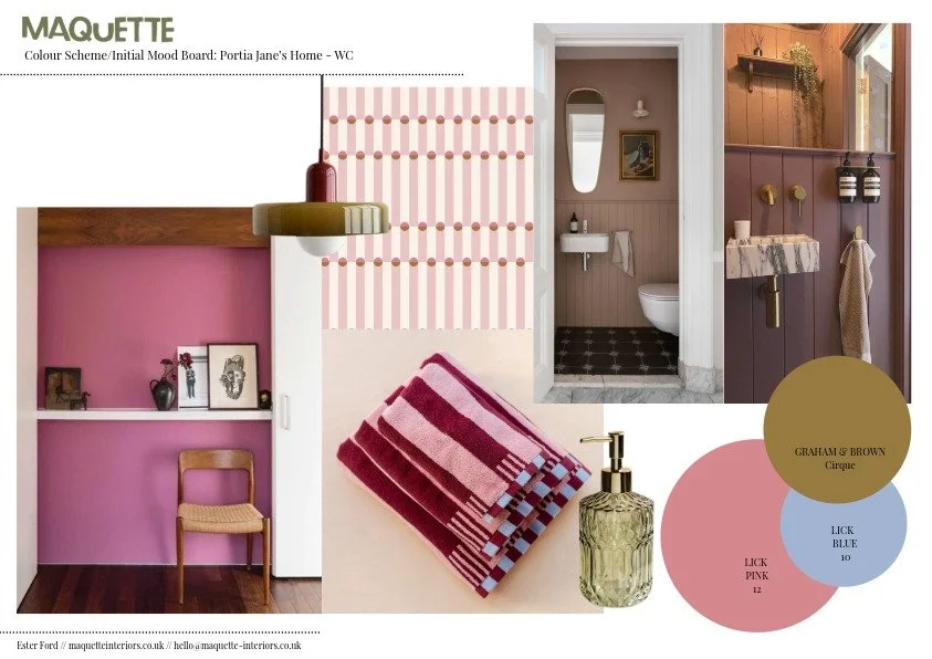 Maquette Interiors: whole home design scheme. We created a scheme for a calm living room with soft pinks and natural woods, and a celebration of family heirlooms. 