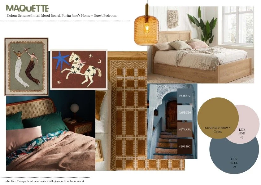 Maquette Interiors: whole home design scheme. We created a scheme for a calm living room with soft pinks and natural woods, and a celebration of family heirlooms. 