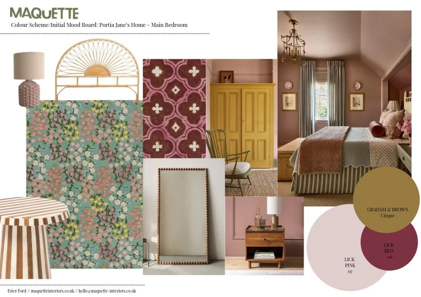 Maquette Interiors: whole home design scheme. We created a scheme for a calm living room with soft pinks and natural woods, and a celebration of family heirlooms. 