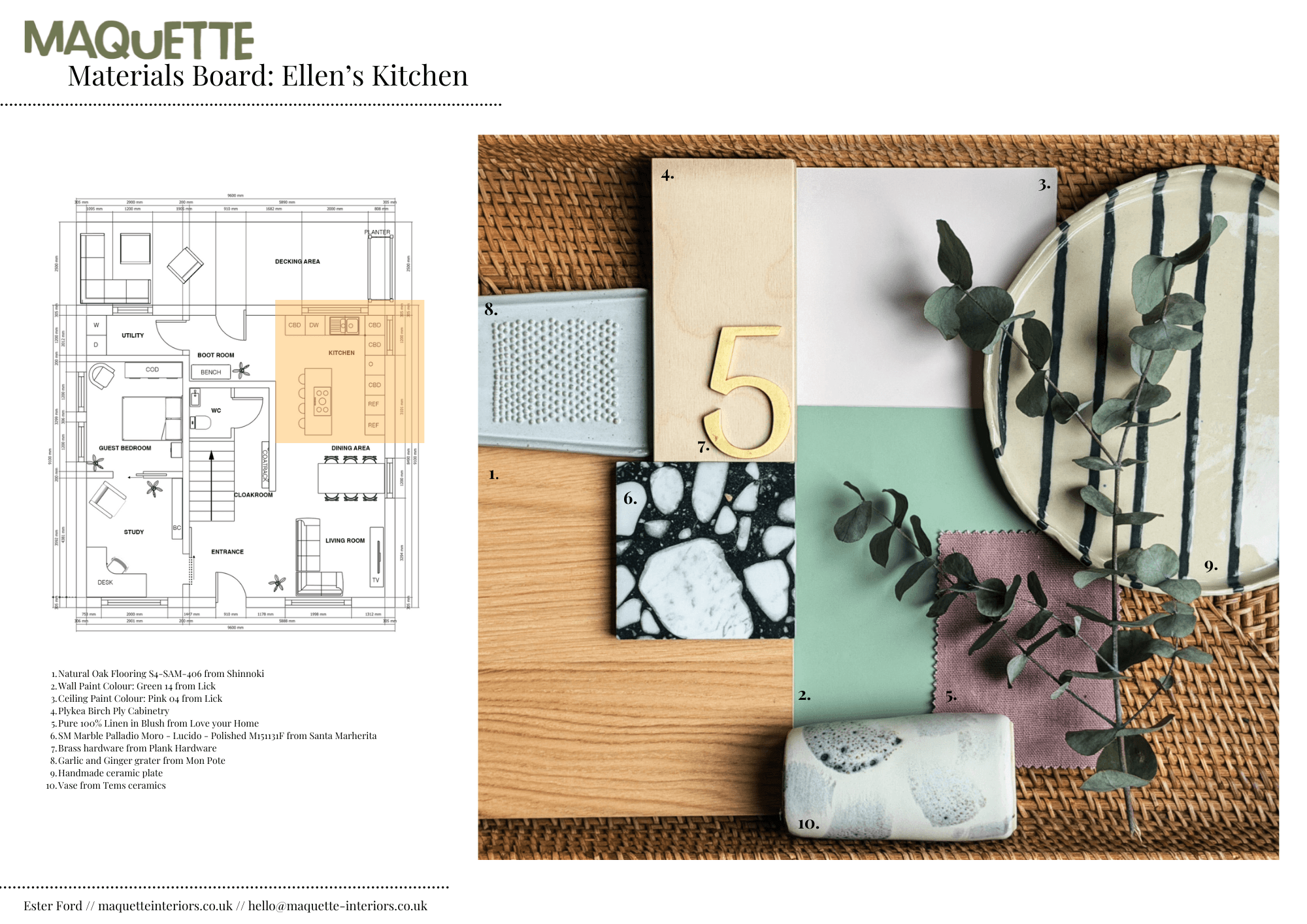 materials board for whole home design by maquette interiors