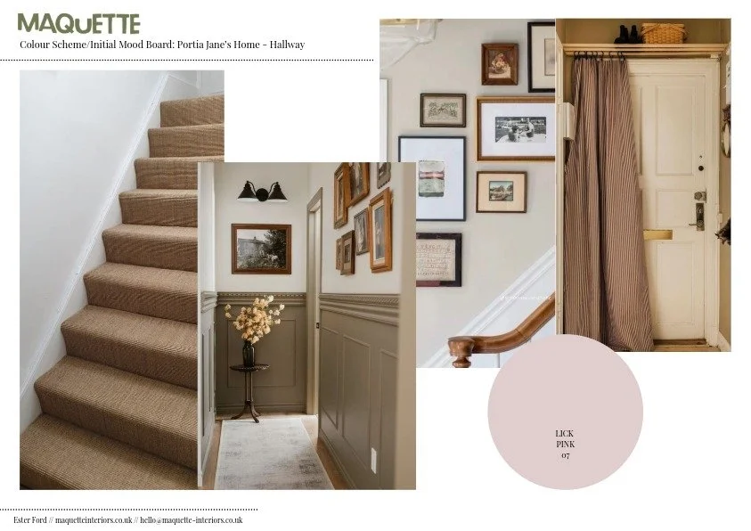 Maquette Interiors: whole home design scheme. We created a scheme for a calm living room with soft pinks and natural woods, and a celebration of family heirlooms. 