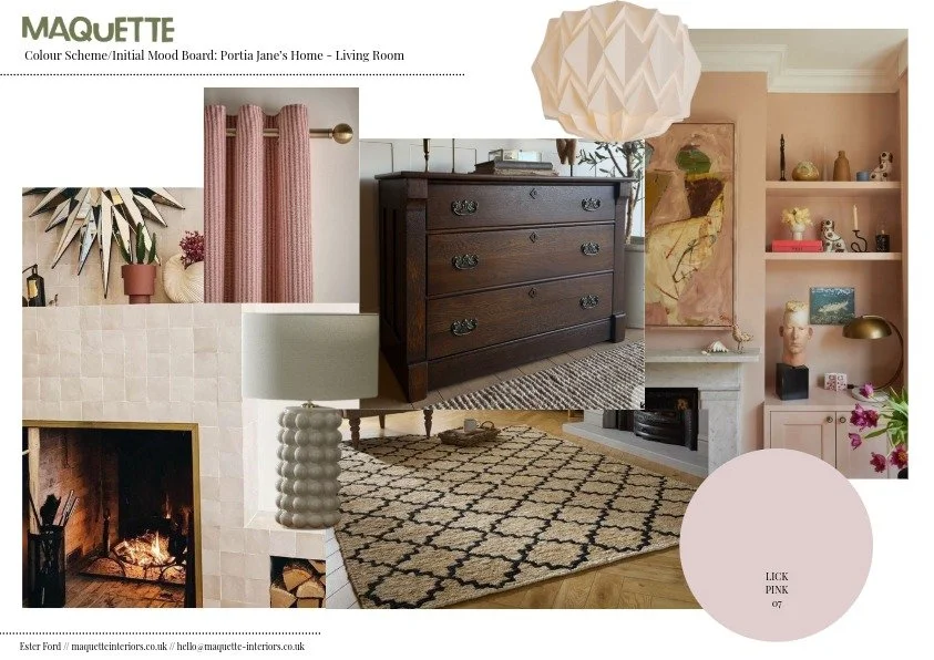 Maquette Interiors: whole home design scheme. We created a scheme for a calm living room with soft pinks and natural woods, and a celebration of family heirlooms. 