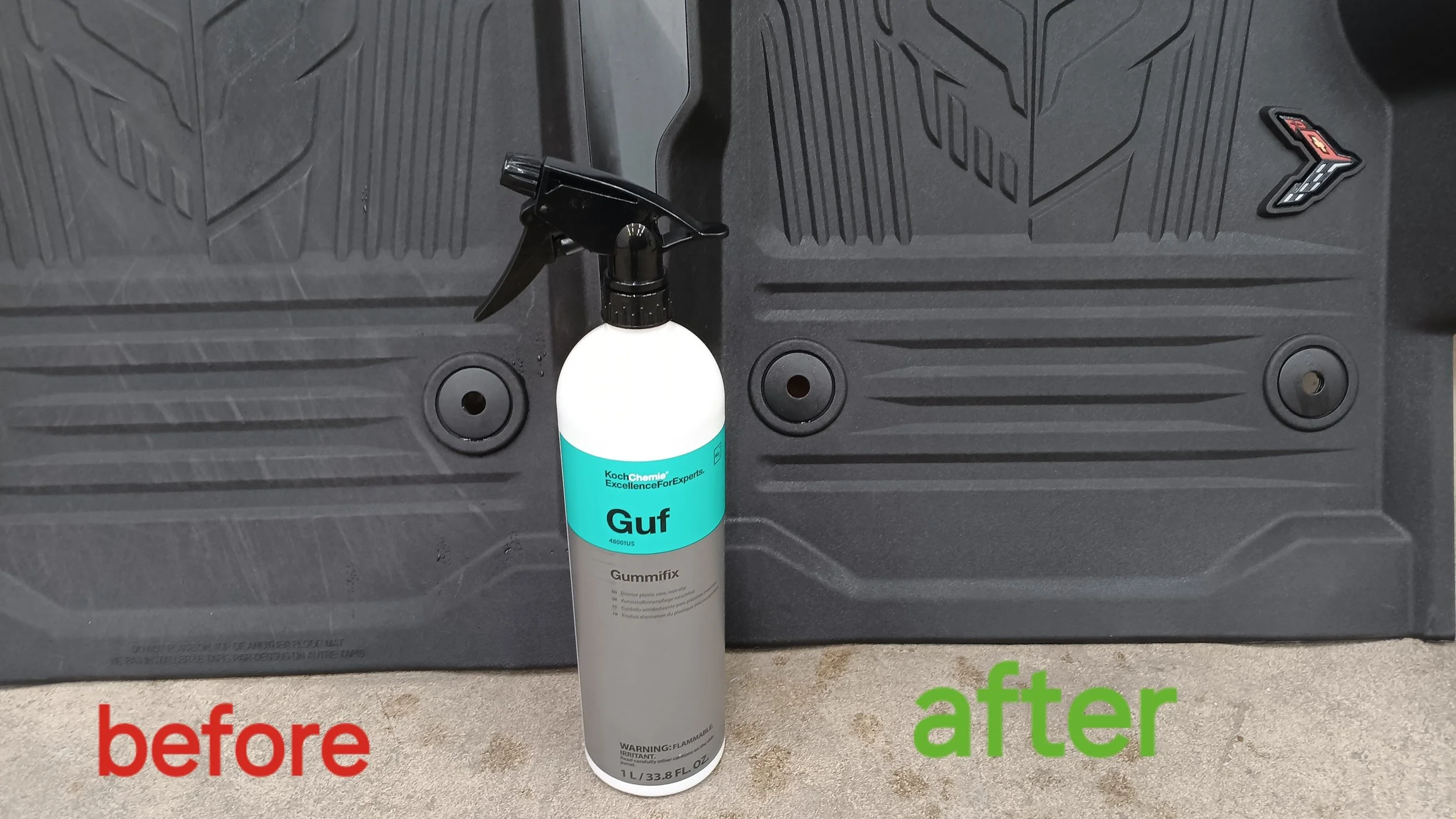 A spray bottle labeled 'Guf Gummifix' positioned in front of a rubber car floor mat, with the word 'before' in red text on the bottom left and 'after' in green text on the bottom right.