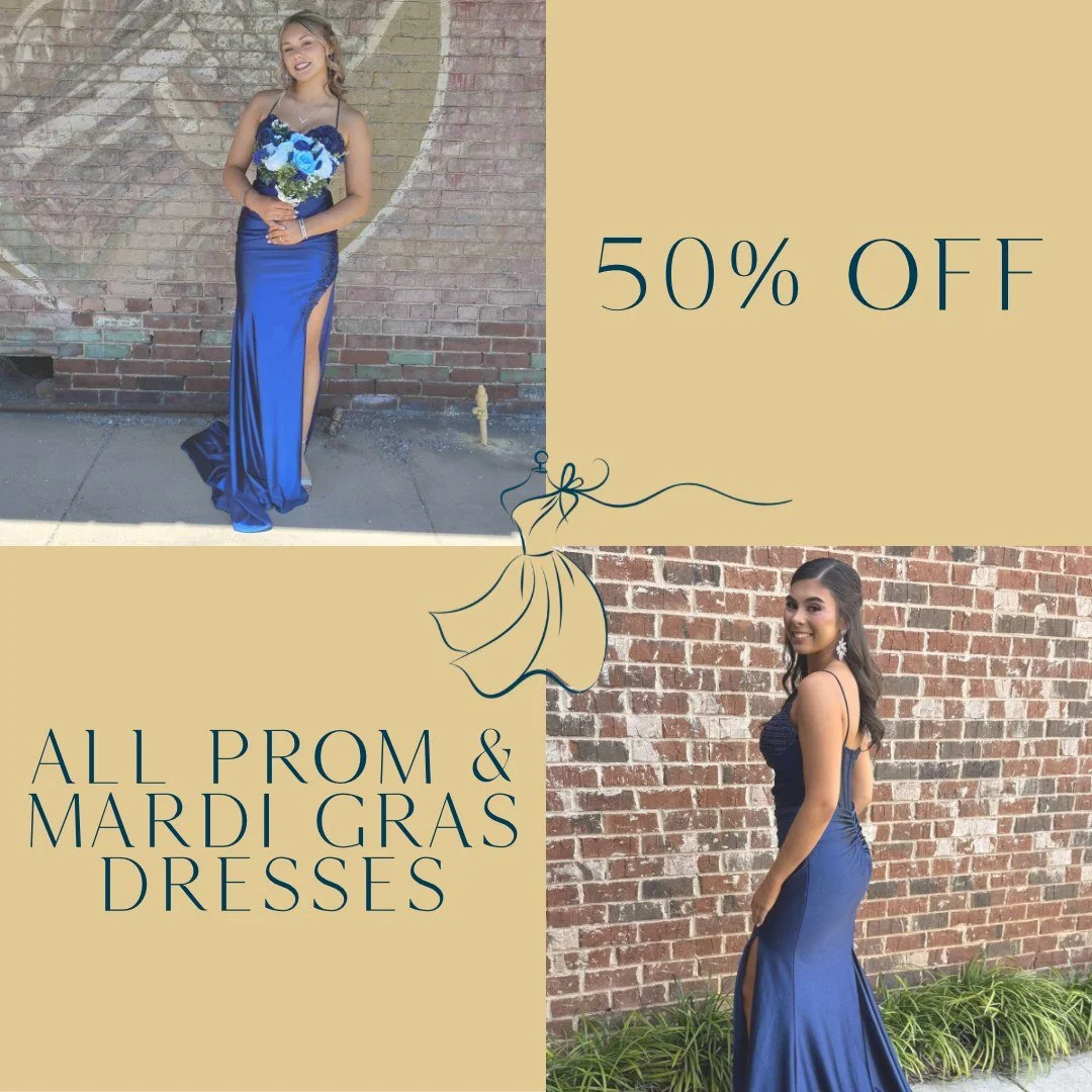 Hurry! Only a few days left! 50% off ALL prom &amp; Mardi Gras dresses for the rest of April! Come get yours soon!🤩

#Sale #ShopLocal #Prom #MardiGras