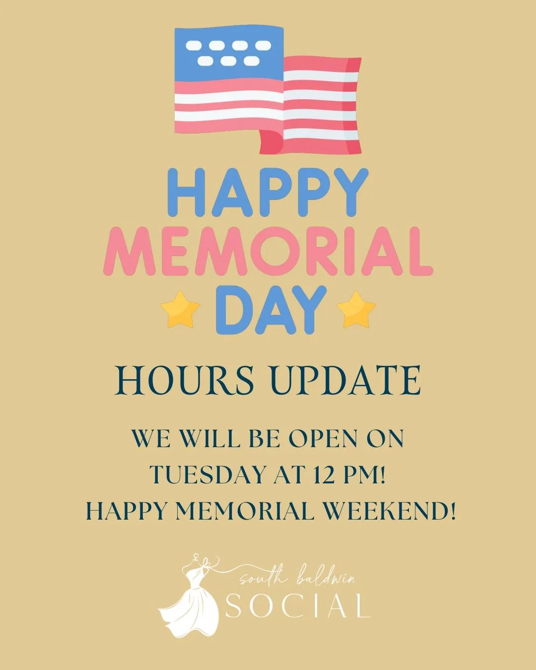 Memorial Day hours update! We will be closed this weekend but can&rsquo;t wait to handle all your formal wear needs on Tuesday from 12pm-6pm! Have a great weekend! ❤️🤍💙