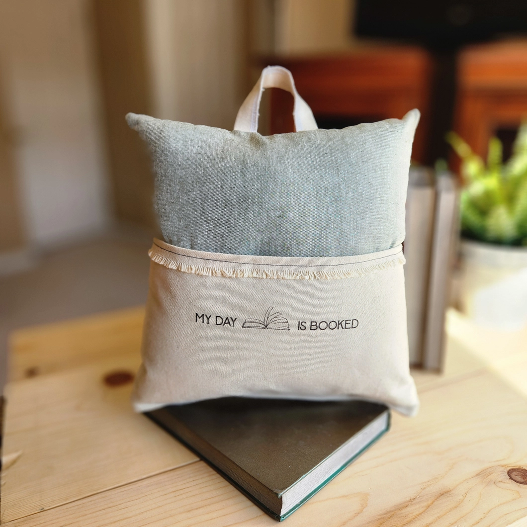 My Day Is Booked, Reading Pillow, Tablet Pillow, Green Linen 3.png