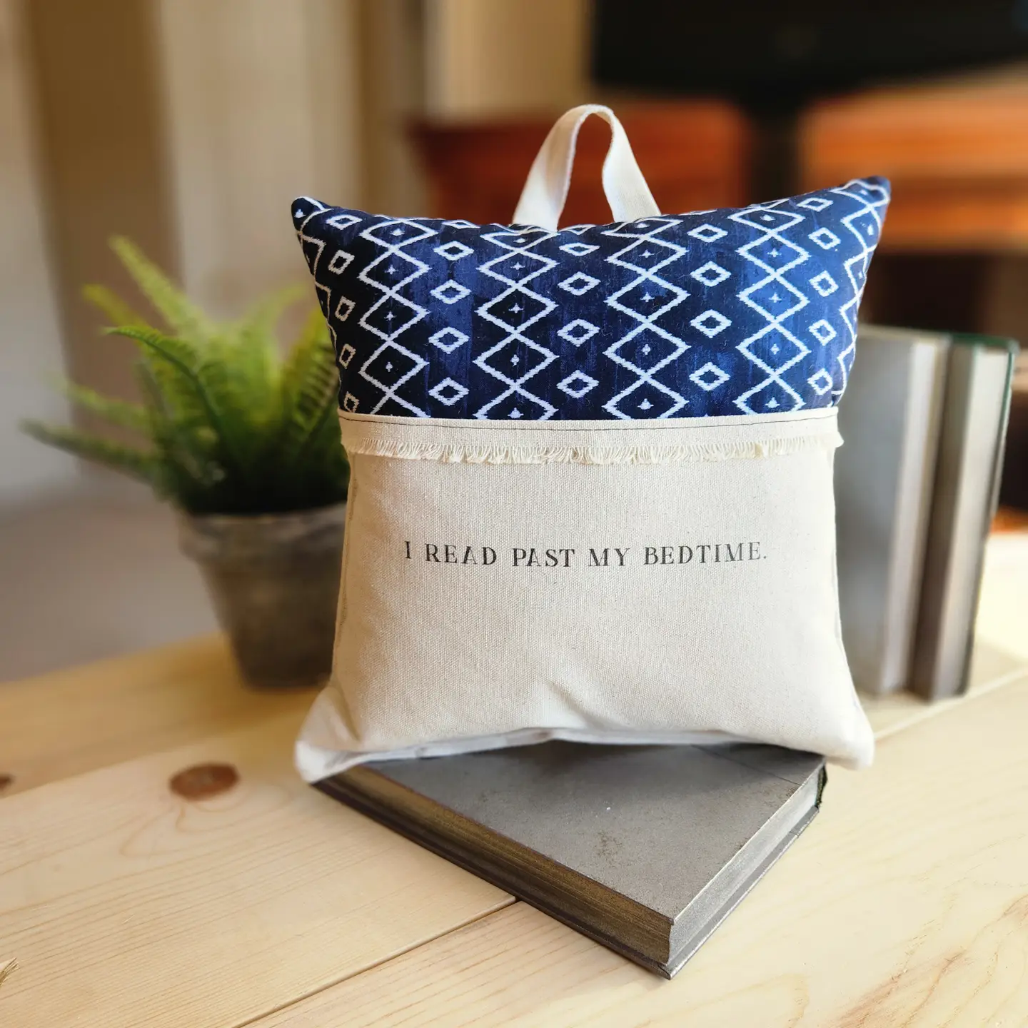 I Read Past My Bedtime, Reading Pillow, Navy Geometric 3.png