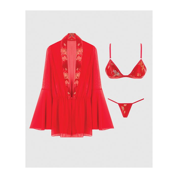 Dragon Sheer Mesh Robe w Satin Triangle Top & G-String 3 pc Set - Red 3.png