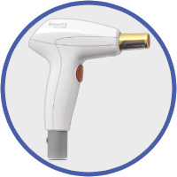 A white handheld medical or beauty device with a gold attachment on the front and a gray cord at the bottom.