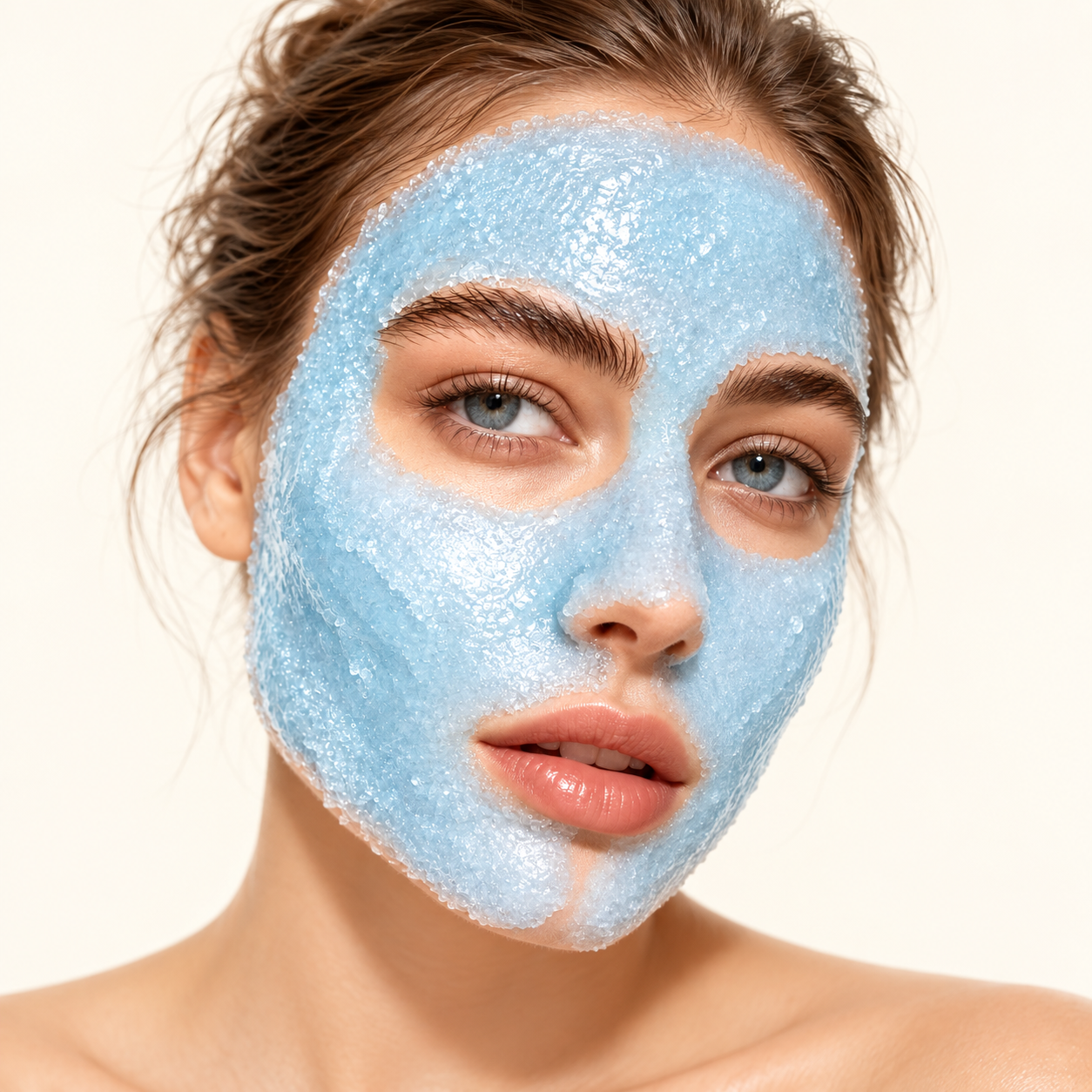 Women wearingh a blue facial mask