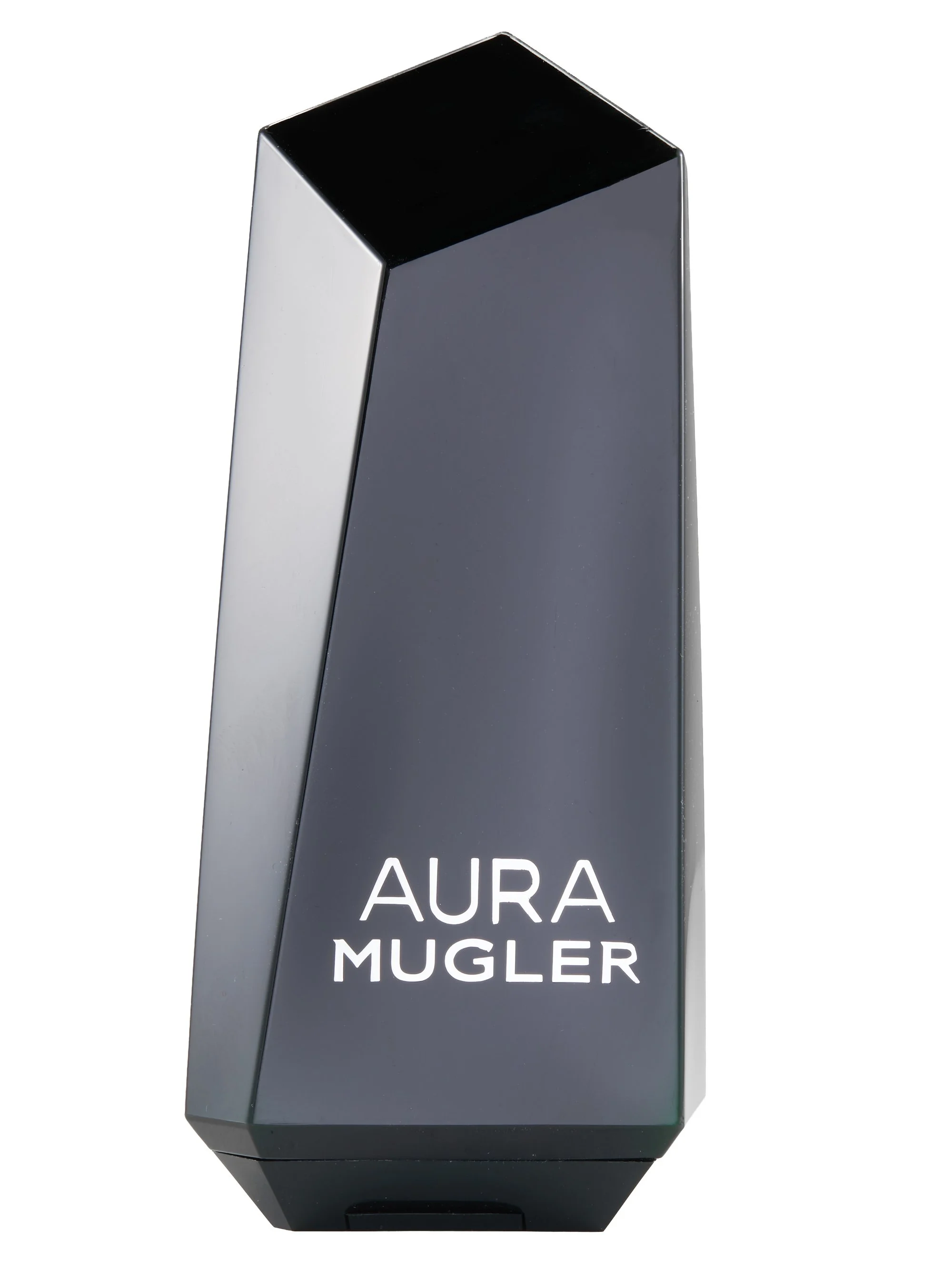 A rectangular perfume bottle with a geometric shape, black and dark gray colors, and the text 'AURA MUGLER' on the front.