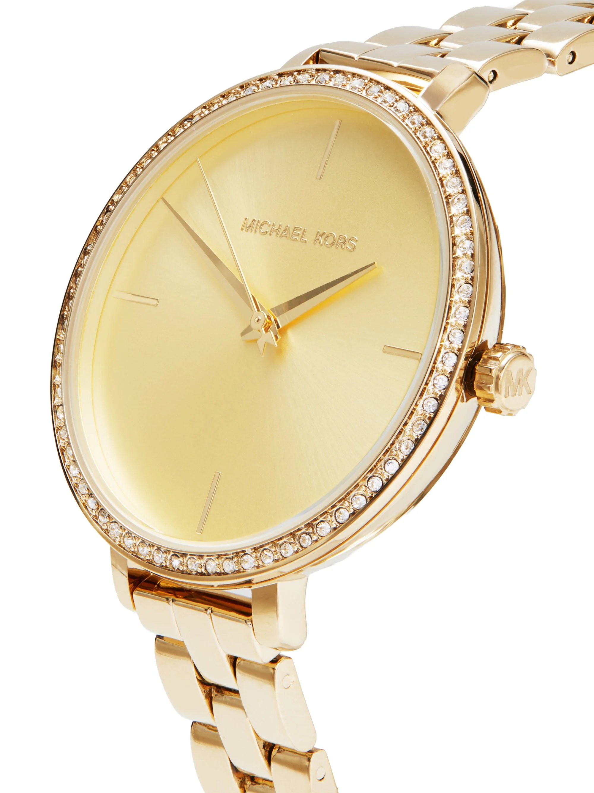 A gold Michael Kors wristwatch with a round face, encrusted with small crystals around the bezel, with a gold bracelet band.
