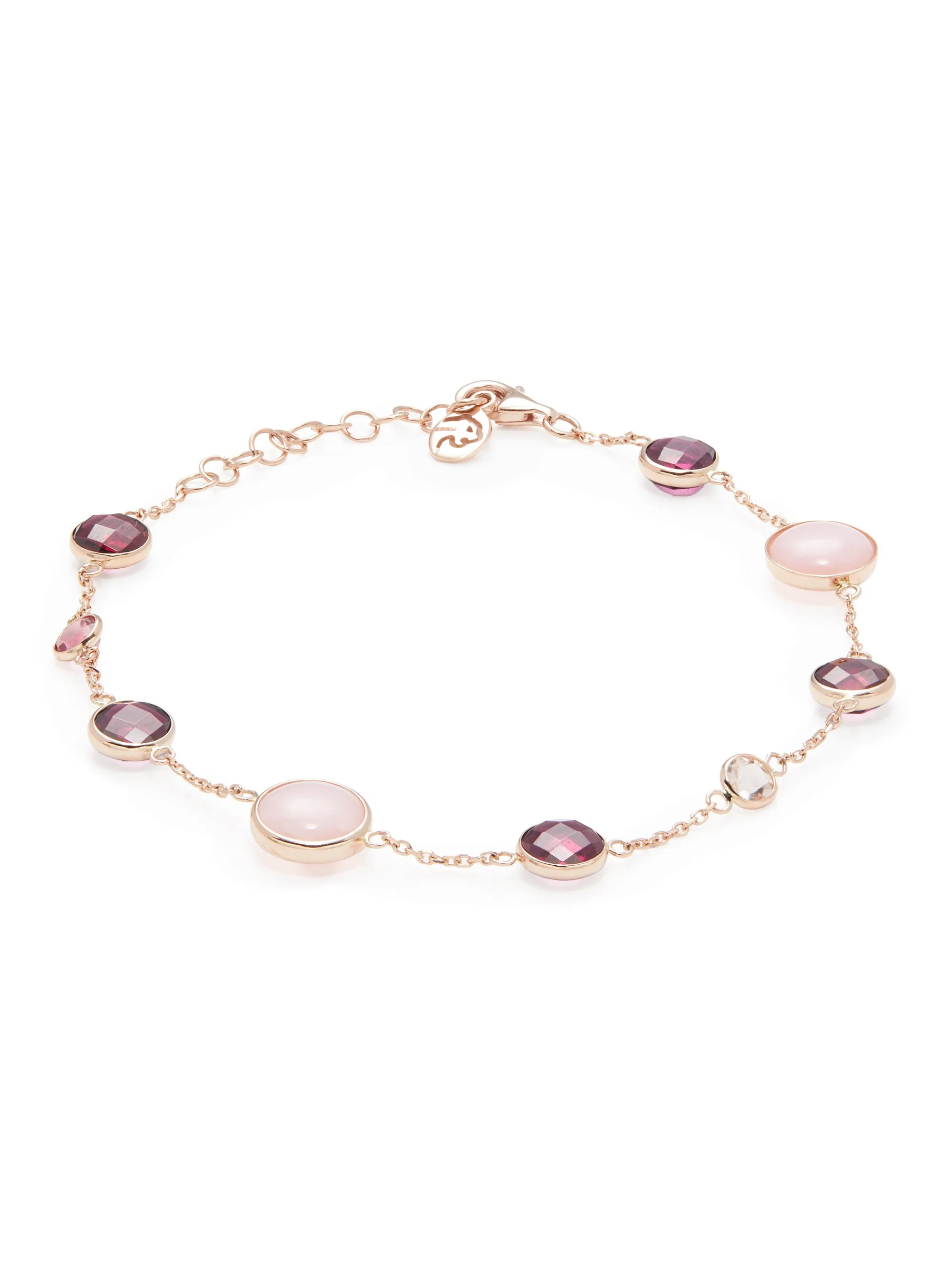 A close-up of a delicate rose gold bracelet with alternating pink and purple gemstones on a white background.