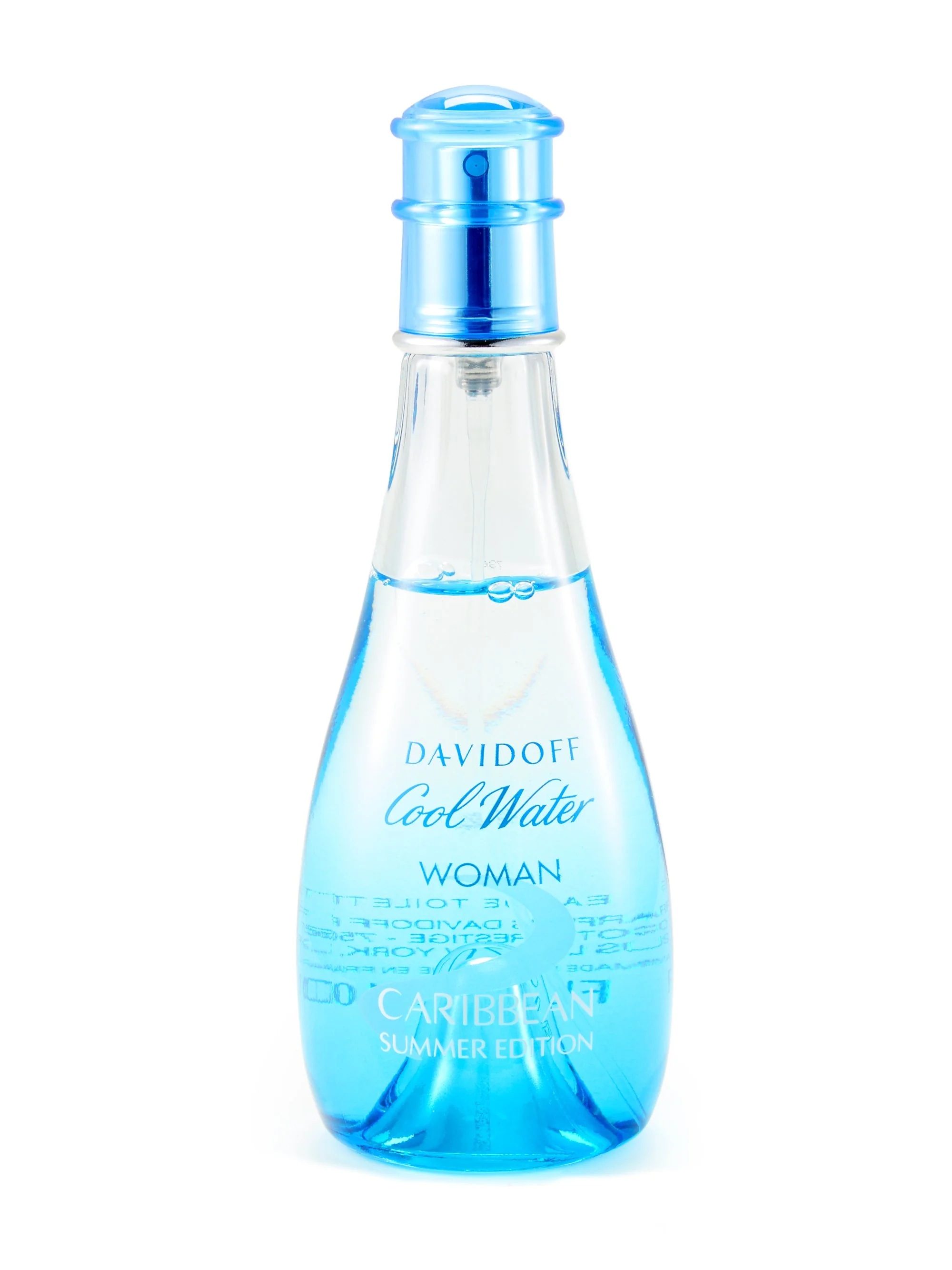 A clear plastic bottle labeled 'Caribbean Summer Edition' filled with blue-tinted water, with a light blue cap.