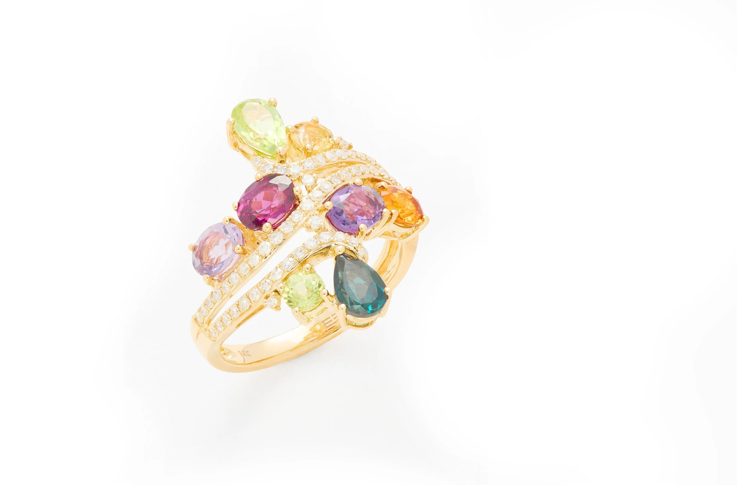 Gold ring with multiple colorful gemstones and small diamonds on a white background.